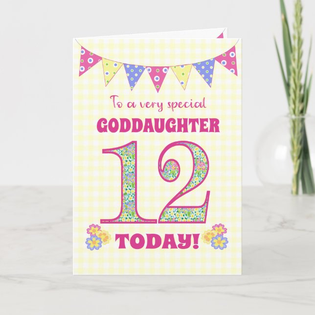 Goddaughter 12th Birthday Primroses Bunting Card (Front)