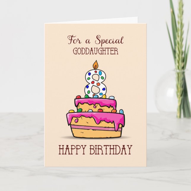 Goddaughter 8th Birthday, 8 on Sweet Pink Cake Card (Front)