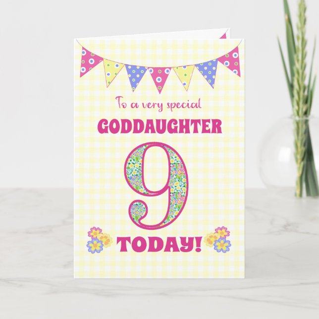 Goddaughter 9th Birthday Primroses Bunting Card (Front)