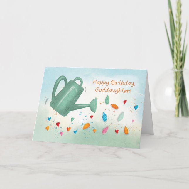 Goddaughter Birthday Watering Can Sprinkling Heart Card (Front)
