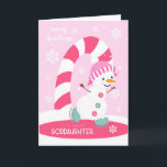 Goddaughter Christmas Ice Skating Snowman Holiday Card<br><div class="desc">Send a special goddaughter a fun and festive pink Christmas card featuring a happy ice skating snowman with a colourful candy cane and snowflakes on a light pink background. Snowman courtesy of Pretty Grafik.</div>