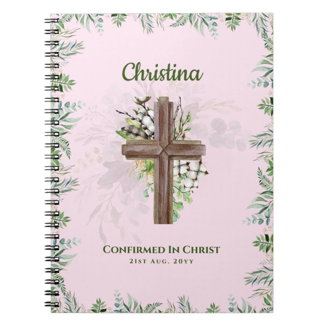 Goddaughter CONFIRMATION Pink Greenery Cross Notebook (Front)