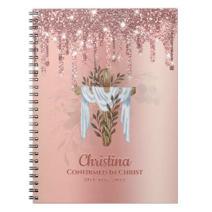 Goddaughter CONFIRMATION Rosegold Glitter Cross Notebook
