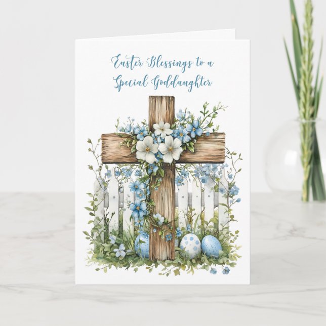 Goddaughter Easter Cross White Fence Blue Flowers Card (Front)