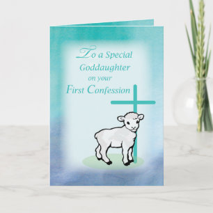 Goddaughter First Confession Lamb Cross on Teal Card