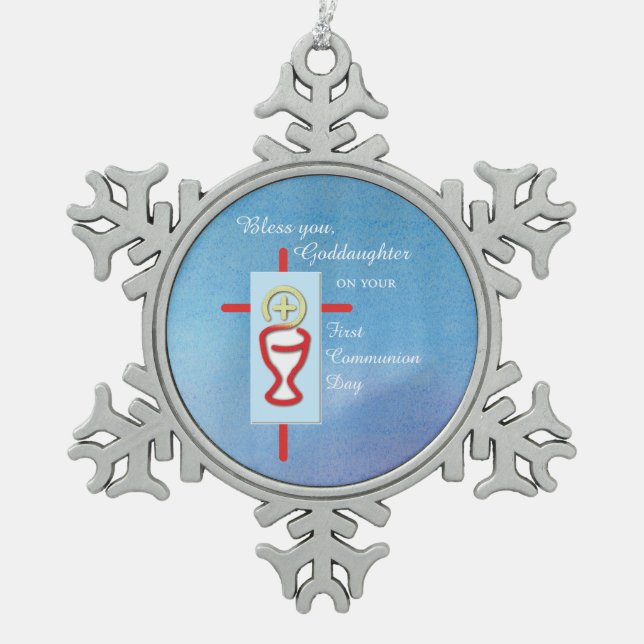 Goddaughter, First Holy Communion, Turquoise Snowflake Pewter Christmas Ornament (Front)