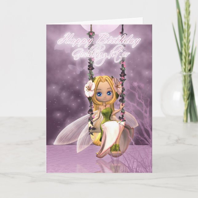 Goddaughter Happy Birthday cute fairy on flower sw Card (Front)