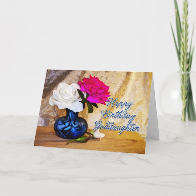 Goddaughter, Happy Birthday with painted roses Card (Front)