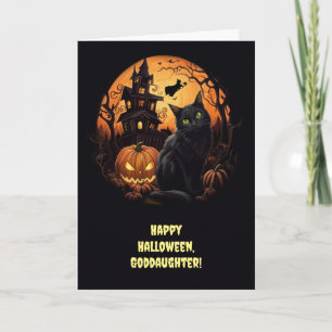 Goddaughter Happy Halloween Cute Black Cat Witch  Card
