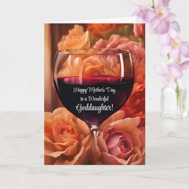 Goddaughter Happy Mothers Day with Red Wine Pretty Card (Orchid)