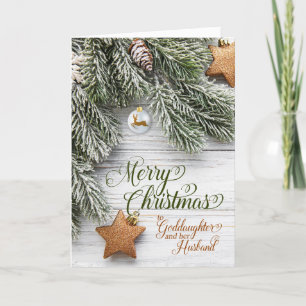Goddaughter Husband Christmas Snowy Pine and Stars Holiday Card