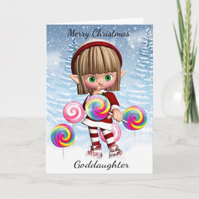 Goddaughter Little Elf With Candy Pops And Snow Holiday Card (Front)