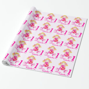 Goddaughter name rag doll art 1st birthday wrap wrapping paper