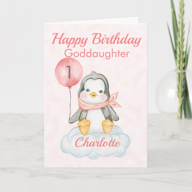 Goddaughter Penguin Happy 1st Birthday Card (Front)