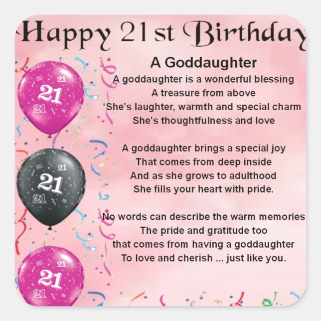 Goddaughter Poem - 21st Birthday Design Square Sticker (Front)