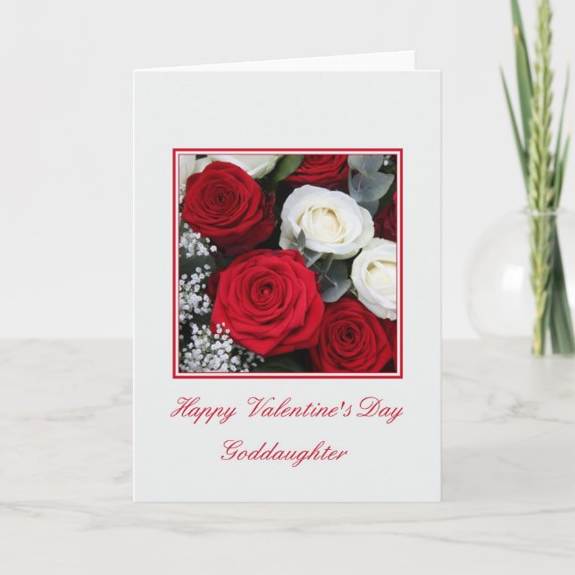 Goddaughter Valentine's Day red and white roses Holiday Card (Front)
