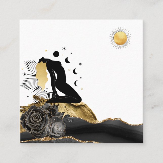 *~* Goddess Black Gold Hair Moon Sun Square Business Card (Front)