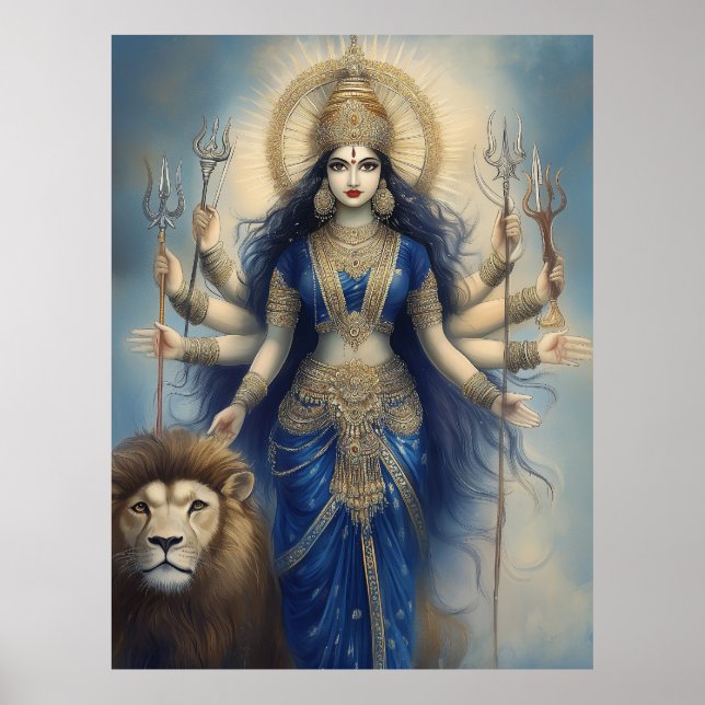 Goddess Durga with Lion Divine Hindu Portrait Post Poster (Front)