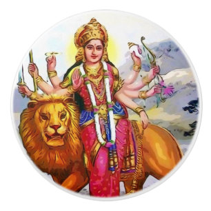 Goddess Durga with Lion Painting Ceramic Knob