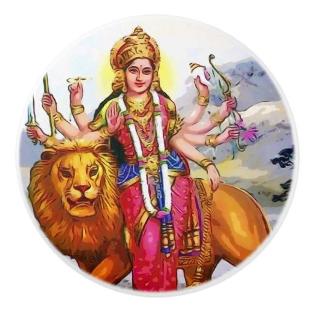 Goddess Durga with Lion Painting Ceramic Knob (Front)