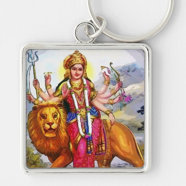 Goddess Durga with Lion Painting Keychain (Front)