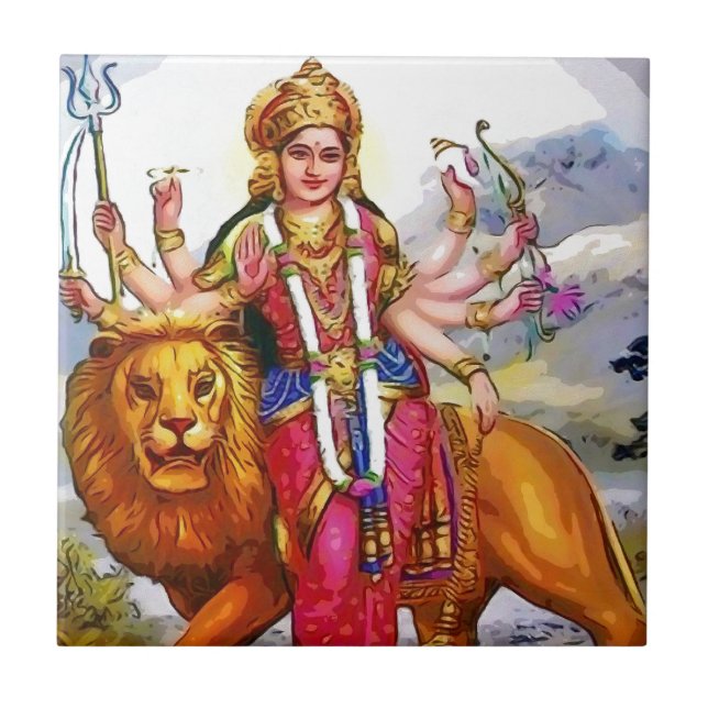 Goddess Durga with Lion Painting Tile (Front)