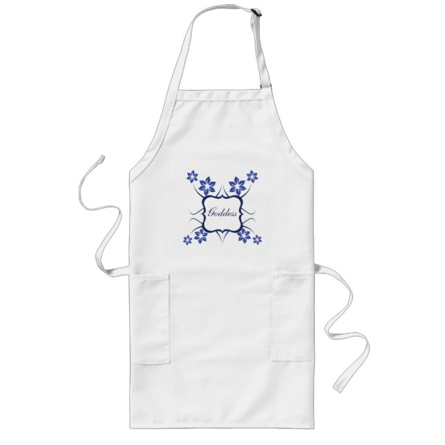 Goddess Floral Apron, Vibrant Blue Long Apron (Front)