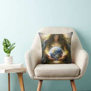 Goddess Gaia Gently Holding Planet Earth Throw Pillow