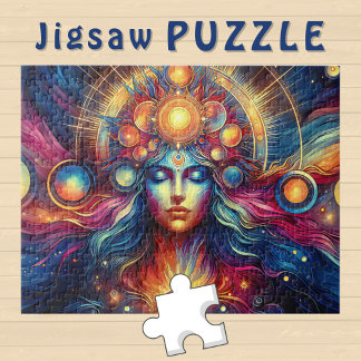 Goddess Head gold round Planets in Hair December - Jigsaw Puzzle