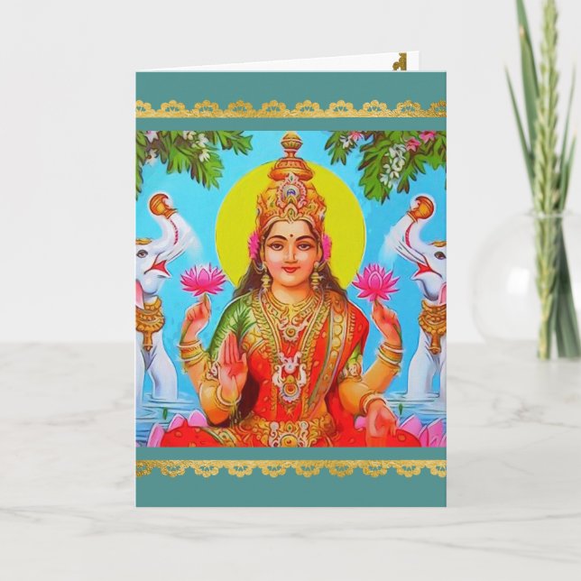 Goddess Lakshmi White Elephants Diwali Painting Card (Front)