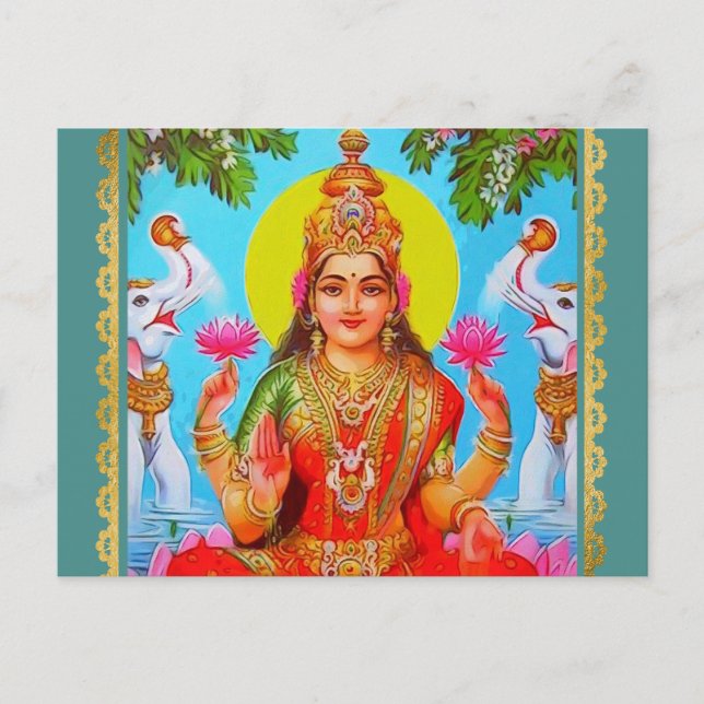 Goddess Lakshmi White Elephants Diwali Painting Postcard (Front)