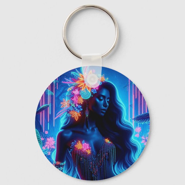 Goddess Of Light Neon glow Forest fantasy art Keychain (Front)