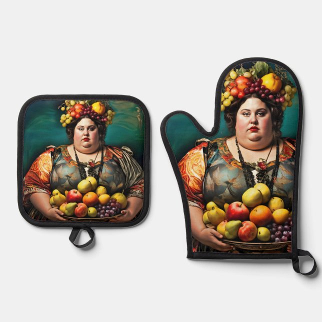 "Goddess of Overindulgence" Colourful Portrait     Oven Mitt & Pot Holder Set (Front)