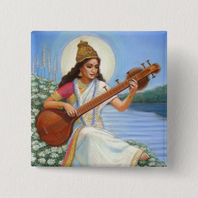 Goddess Sarasvati 2 Inch Square Button (Front)