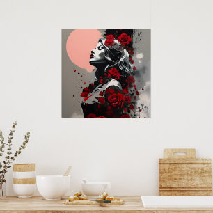 Goddess with Red Roses Poster