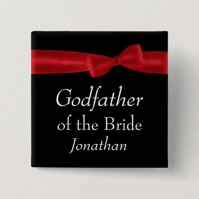 GODFATHER of BRIDE Red Bow Wedding Custom Name 2 Inch Square Button (Front)