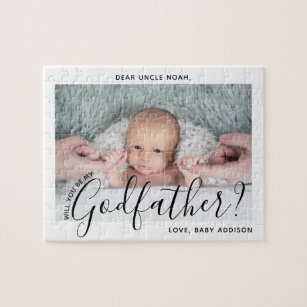 Godfather Proposal Simple Modern Script Baby Photo Jigsaw Puzzle