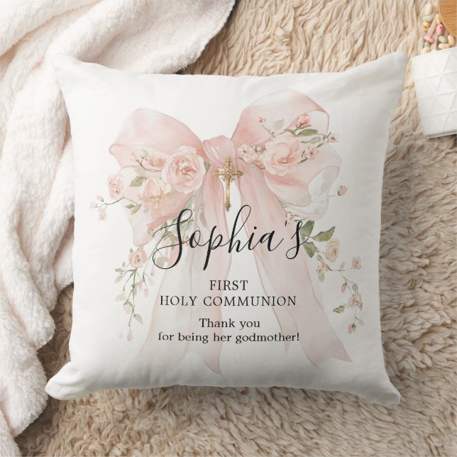 Godmother Gift First Communion Pink Bow Roses Throw Pillow (Blanket)