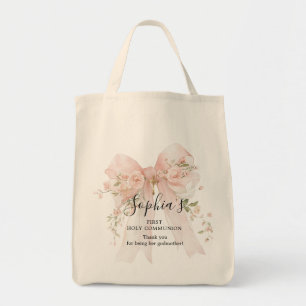 Godmother Gift First Communion Pink Bow Roses Tote Bag