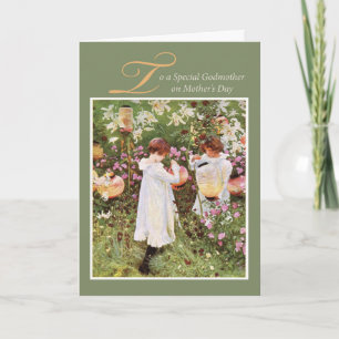 Godmother, Mother's Day, Girls in Flower Garden, V Card
