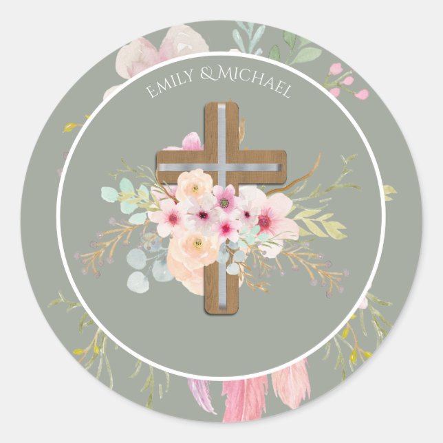 Godmother - Personalized Floral Cross Sage Green Classic Round Sticker (Front)