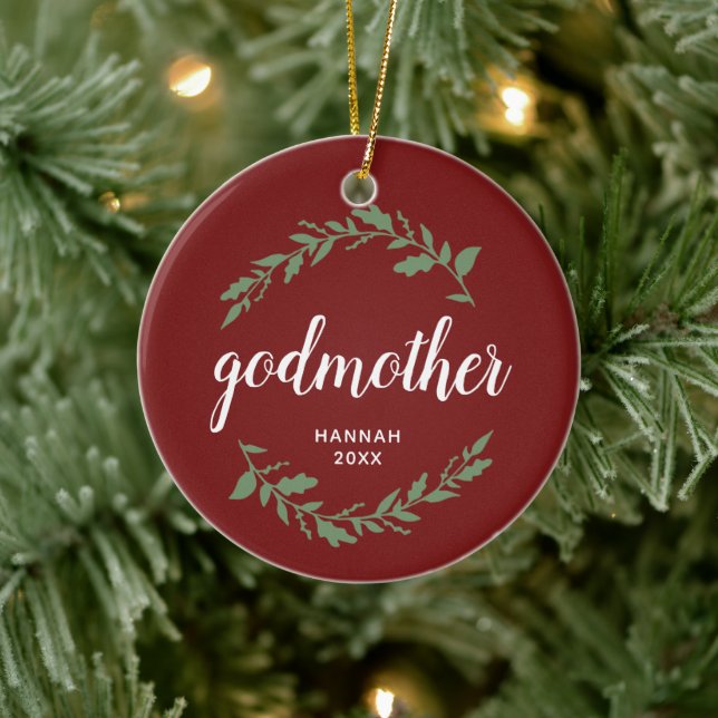 Godmother Personalized Gift Festive Laurel Wreath Ceramic Ornament (Tree)