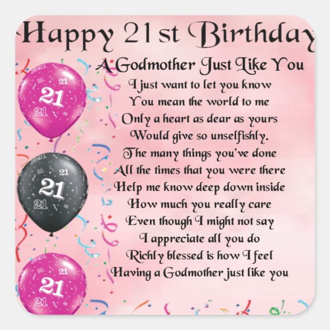 Godmother poem - 21st Birthday design Square Sticker (Front)