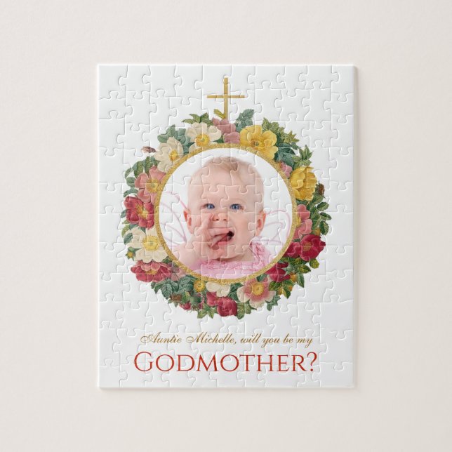 Godmother Proposal Floral Photo in Rose Wreath Jigsaw Puzzle (Vertical)