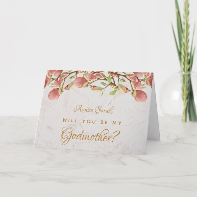 Godmother Proposal Floral Pink Magnolia Marble Card (Front)