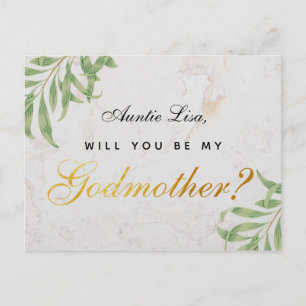 Godmother Proposal Foliage Marble Faux Gold Script Holiday Postcard