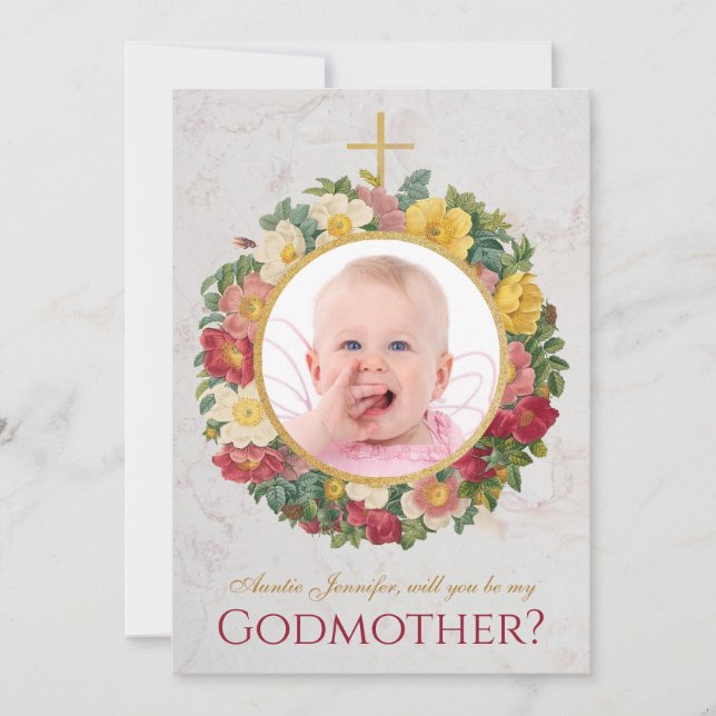 Godmother Proposal Photo Rose Wreath Script Marble (Front)