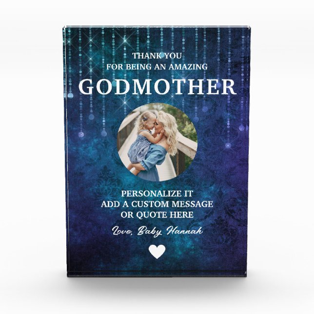 Godmother Thank You Blue Sparkles Custom Photo Block (Front)