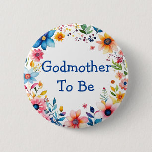 Godmother To Be Floral Pink and Blue Baby Shower 2 Inch Round Button
