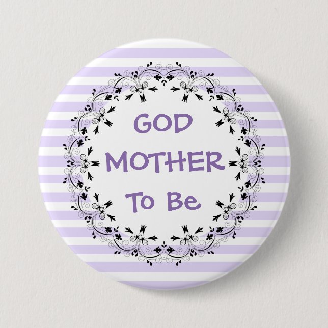 Godmother To Be Purple Striped Baby Shower Button (Front)